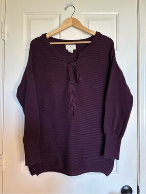 ruby moon Lace-Up V-Neck Sweater - Plum